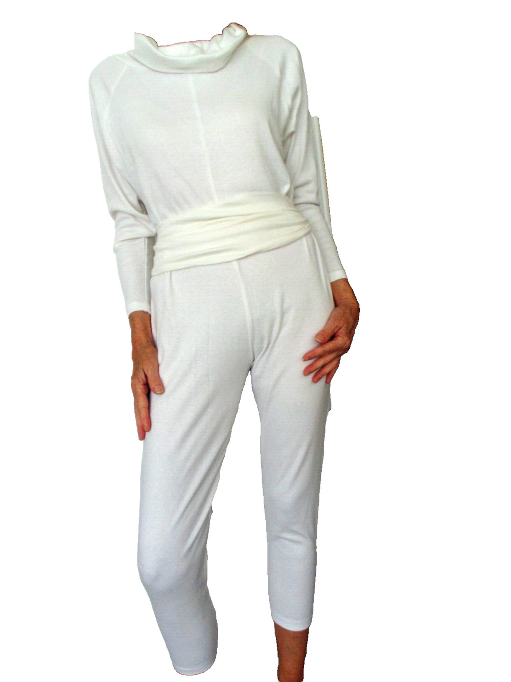 Vtg 80s Womens L Jumpsuit Catsuit White Cotton Knit Cowl Neck L/S Tapered Leg
